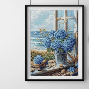 Blue Hydrangea cross stitch kit, ocean coastal view, open window sea beach x-stitch pattern, starfish in nautical landscape needlepoint kit