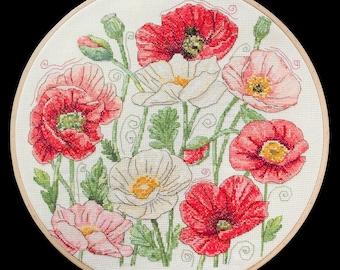 Poppies Bloom Cross Stitch Kit,  Floral X-Stitch Kit with Red and White Poppies Design