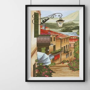 Italian village cross stitch kit, coastal old town x-stitch pattern, floral country houses in mountains needlepoint kit