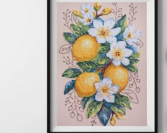 フルーツの静物画を数えたクロスステッチキット、素朴なキッチン