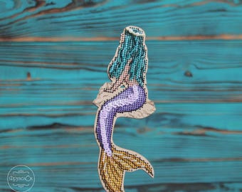 Mermaid cross stitch kit on wooden base, ocean fantasy decor DIY set, sea nautical decor