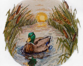 Duck in reeds cross stitch kit, swimming bird x-stitch pattern, lake sunset needlepoint set, summer landscape needlework