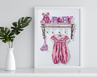 Korsstygnskit för födelsemeddelande, barnrumsdekor för flickor, nålstickskit för babyshower