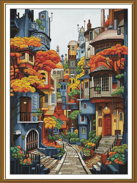 Colorful Houses Cross Stitch Kit, Fantasy City X-stitch Pattern