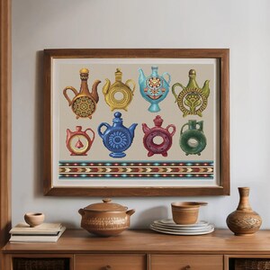 May include: A framed cross-stitch embroidery featuring eight distinct ceramic-style vessels in shades of brown, yellow, blue, green, and red, arranged in two rows above a decorative horizontal border with geometric patterns in red, blue, and white.