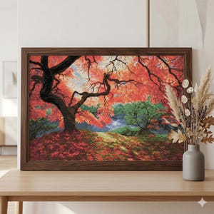 Autumn forest cross stitch kit, fall tree in sun rays x-stitch pattern, landscape needlepoint kit