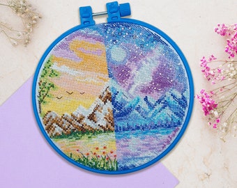 Day & night cross stitch kit, mountains landscape x-stitch design in hoop, DIY modern cross stitch