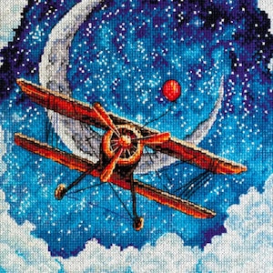 Vintage Airplane landskape cross stitch kit, plane in moonlight x-stitch pattern, biplane needlecraft kit, Aircraft counted crossstitch set
