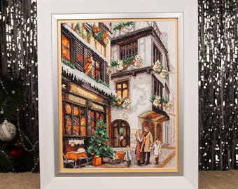 Family Christmas Cross Stitch Kit, Kids & Gifts Winter Scene, Xmas Holiday Needlepoint with Aida 14 and Madeira Threads