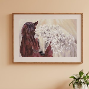 Love horses cross stitch kit, animal wedding x-stitch DIY pattern for adults, needlepoint kit, brown & white horse couple needlework set