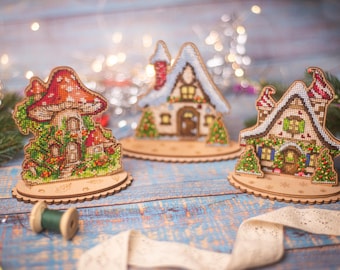 Mushroom House Cross stitch Kit, Stitchable Wooden kit, rustic xstitch decoration, fly agaric House, wooden canvas