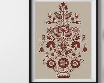Rustic tree of life cross stitch kit, monochrome floral motifs counted xstitch kit, ethnic symmetrical xstitch design