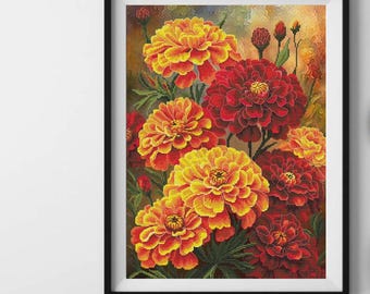 マリーゴールドのクロスステッチキット、水彩画の春の花のクロス
