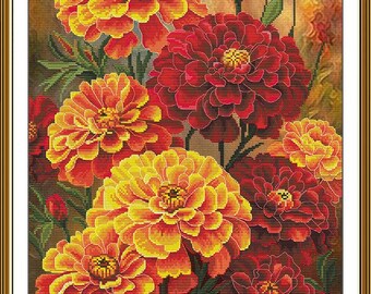 マリーゴールドのクロスステッチキット、水彩画の春の花のクロス
