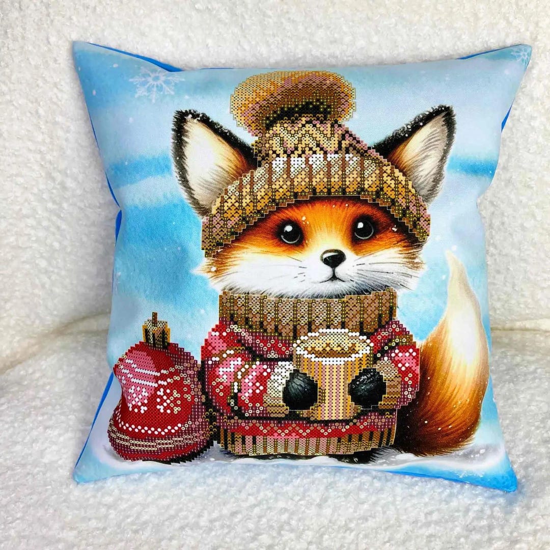 クリスマスキツネの枕カバービーズ刺繍キット、コーヒークッション
