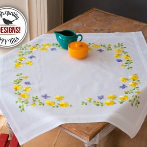 Spring flowers tablecloth Embroidery kit, small flowers & butterflies table runner needlepoint kit, satin stitch floral Easter pattern