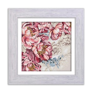 Peonies Cross Stitch Kit, Floral X-Stitch Pattern, DIY Needlepoint Set, Handmade Craft Kit, Peony Design