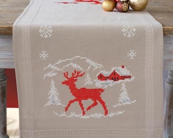 Christmas table runner cross stitch kit, Deer counted cross stitch, winter table decor DIY set, Xmas tablecloth making kit, needlepoint kit