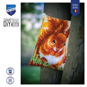 Kit de punto de cruz de almohada de ardilla, linda funda de cojín hecha a mano, almohada de bosque bordada a mano de Vervaco, kit de bordado de animales del bosque