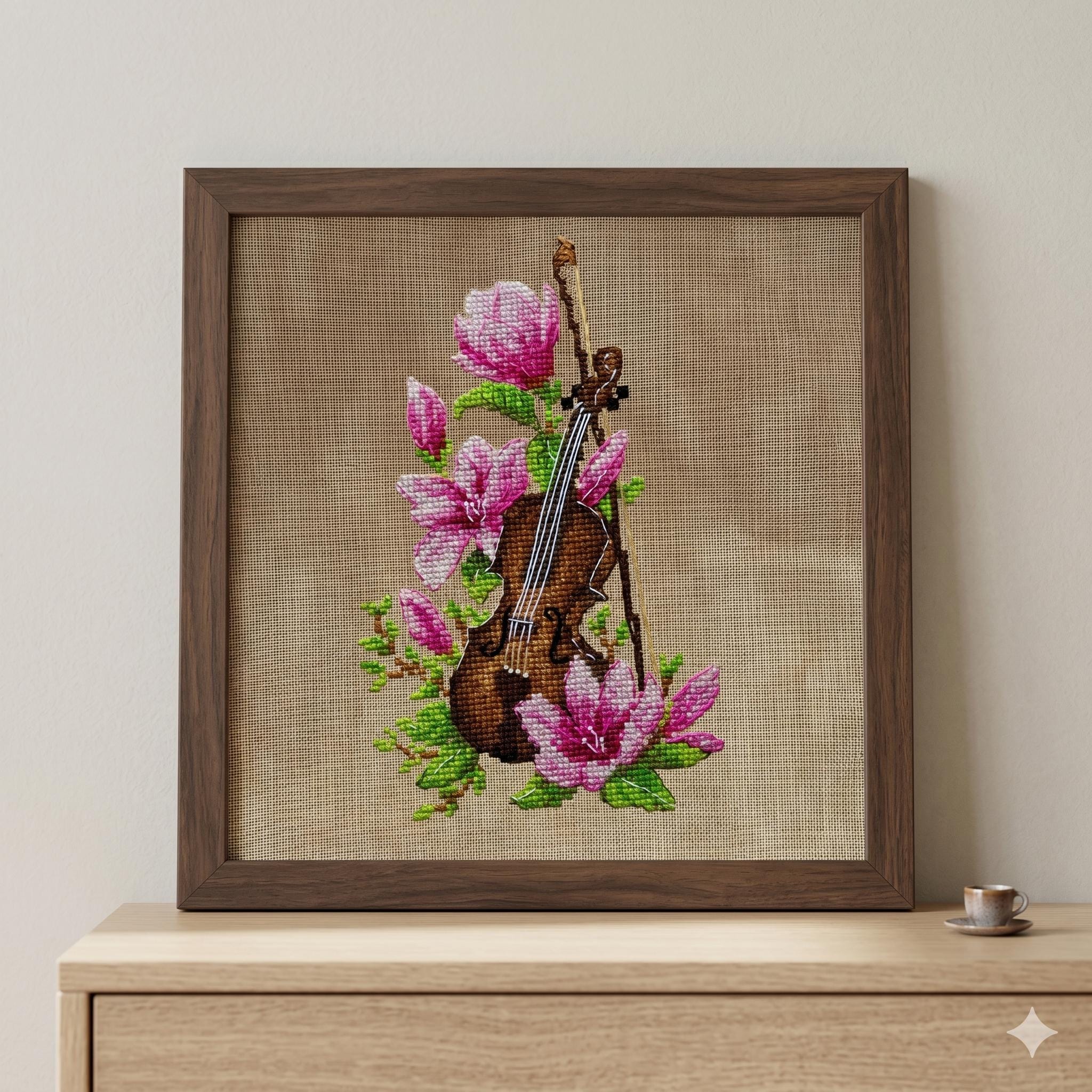 Violin in Magnolia Flowers Cross Stitch Kit, Musical Instrument X