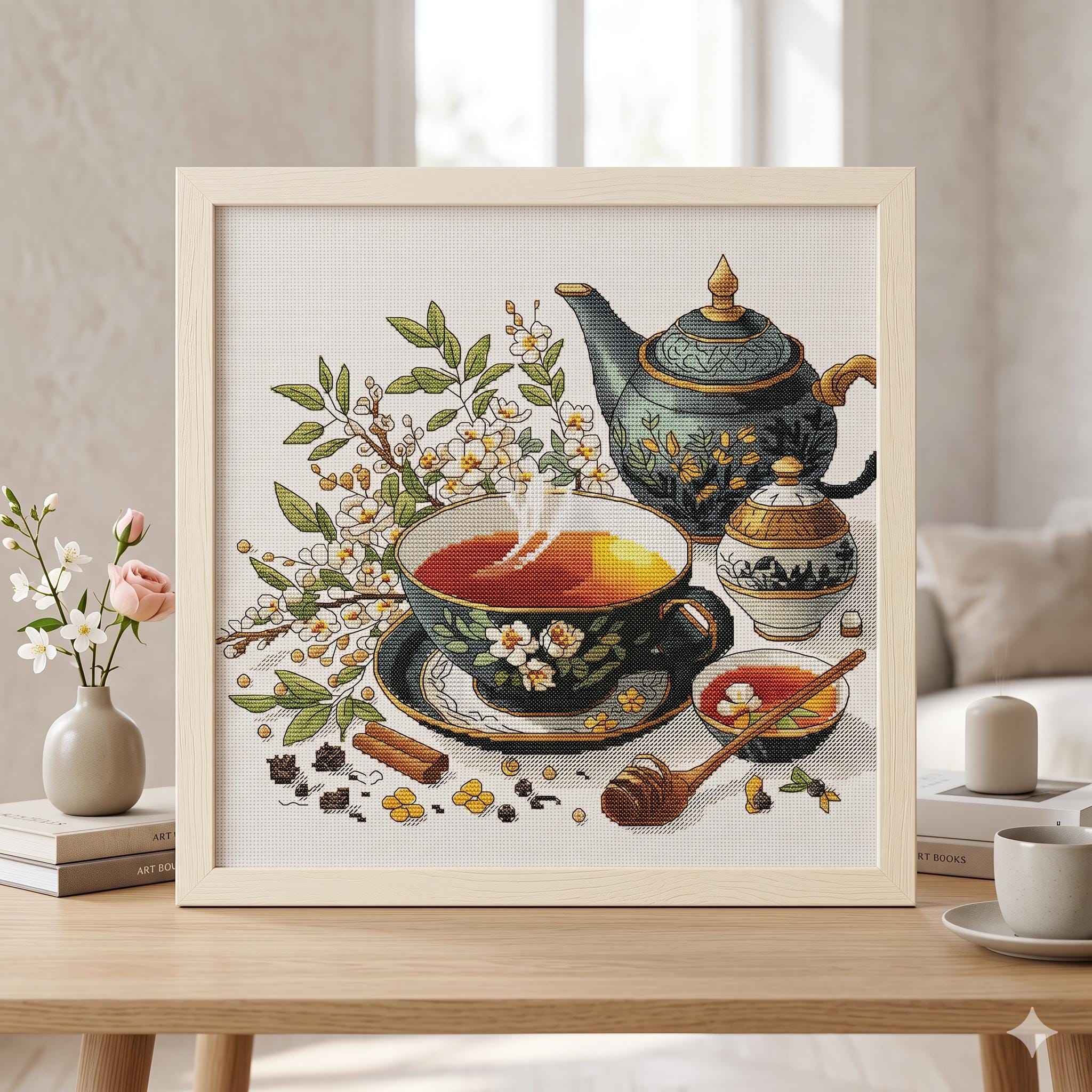Jasmine Tea Party Cross Stitch, Honey & Flower Still Life X-stitch