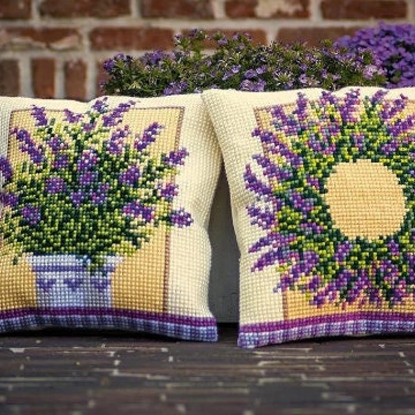 Cross-stitch lavender pillow covers,   DIY kits, embroidered floral pillowcases, needlework home decor