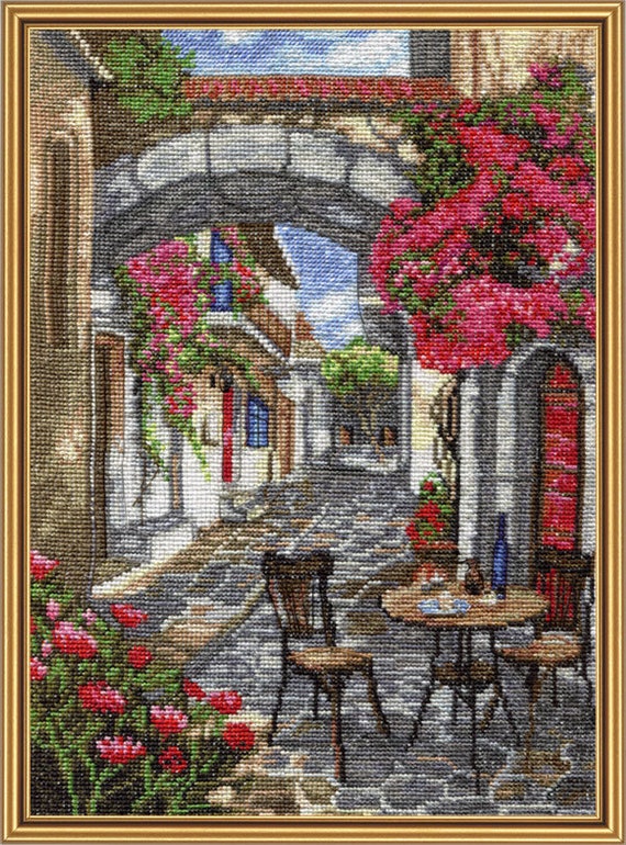 Old Town Street Cross Stitch Kit, Sunday Siesta in Cafe X-stitch