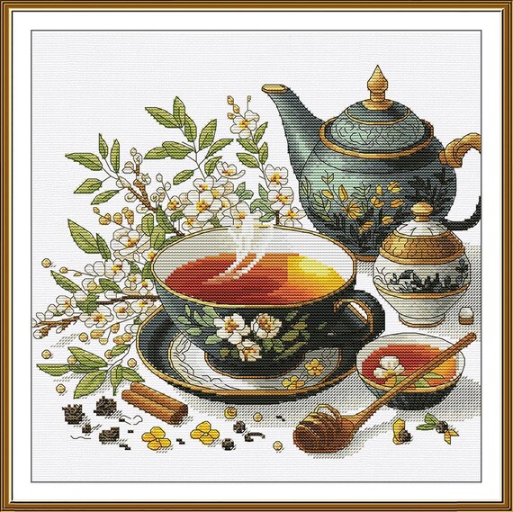 Jasmine Tea Party Cross Stitch, Honey & Flower Still Life X-stitch