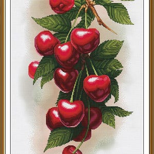May include: A cross-stitch image of a cluster of ripe cherries. The cherries are a vibrant red color, with a glossy sheen. Green leaves and a brown stem complete the design, set against a white background.