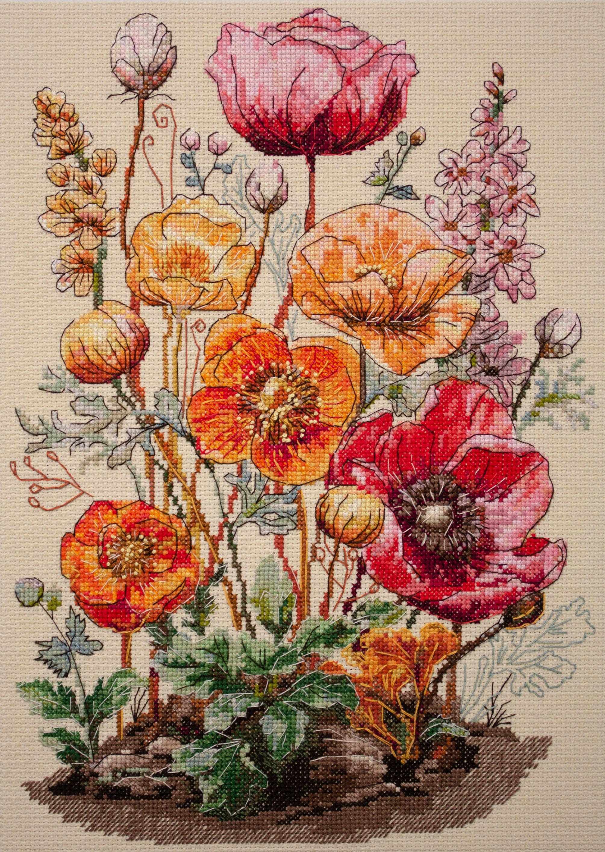 Poppies Counted Cross Stitch Kit, Floral Field X-stitch Pattern