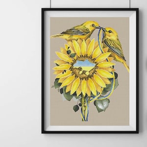 Singvögel auf einer Sonnenblume Kreuzstichpackung, Landkarte der Ukraine im Blumen-Kreuzstich, florales patriotisches Design