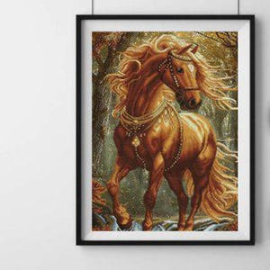May include: Framed artwork featuring a majestic brown horse with flowing golden mane and tail. The horse is adorned with decorative tack and stands in a forest setting. The artwork is displayed in a black frame.