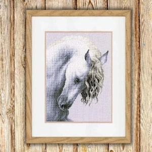 White horse cross stitch DIY kit, animal portrait counted cross stitch pattern, monochrome wall art x-stitch, equestrian needlepoint kit