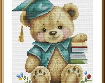 Graduation teddy bear cross stitch kit, bookworm animal x-stitch pattern, college student with books needlepoint kit