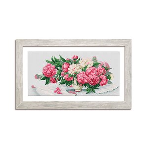 Peonies Cross Stitch Kit, Floral Still Life Counted X-Stitch Pattern, Pink Flowers Needlepoint Kit