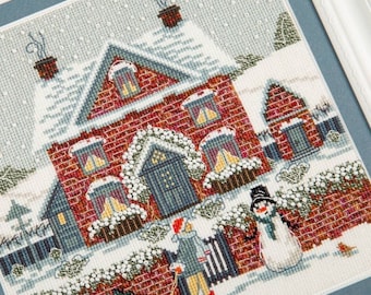 Christmas house cross-stitch kit, winter street view xstitch, child and a snowman cross stitch, Xmas tree on a sleigh design