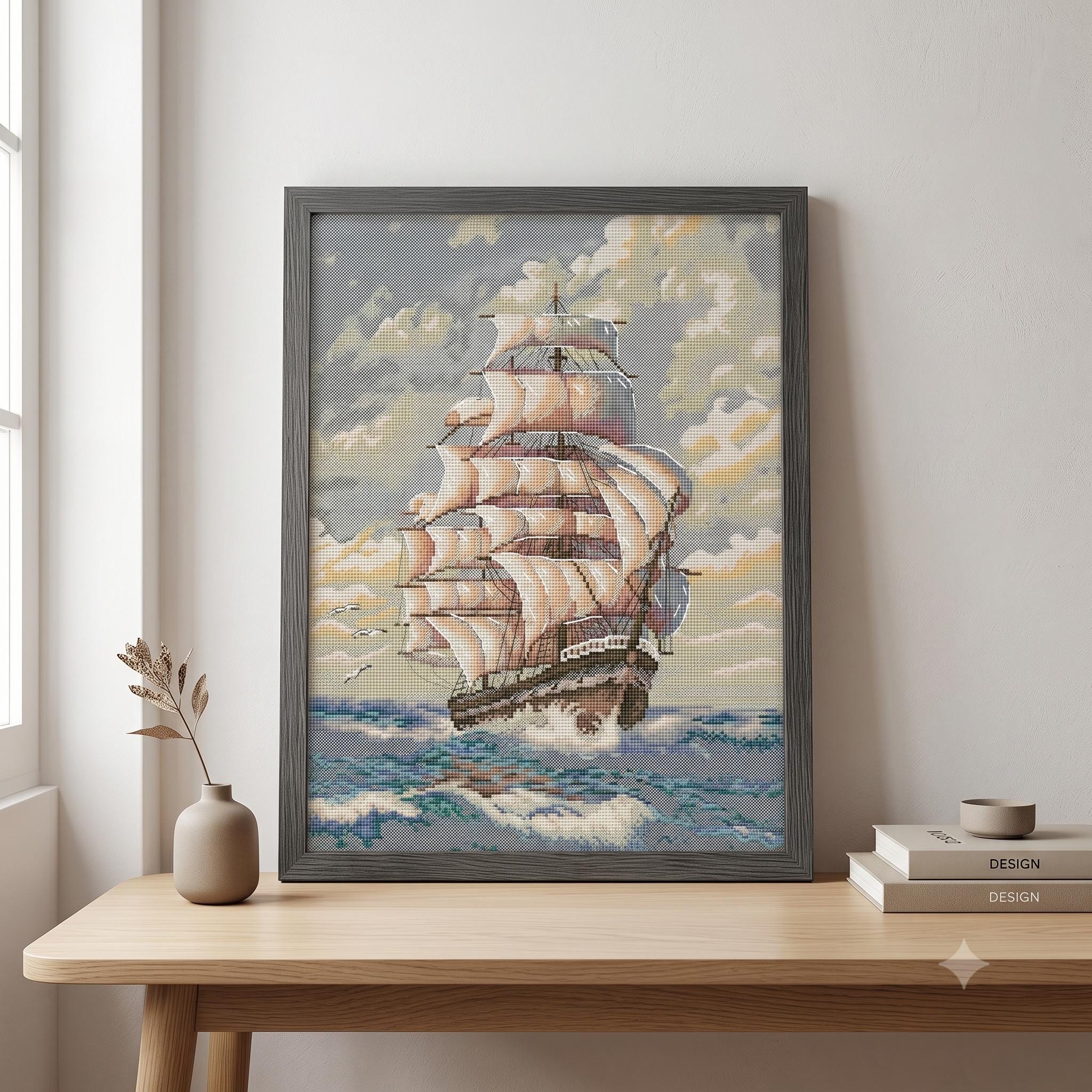 手作りの帆船 壁掛けアート 帆船クロスステッチキット、大型海事クロスステッチ、航海用ウォール