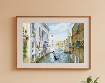 Kit de punto de cruz de Venecia con vista a góndola y canal, romántico paisaje urbano italiano