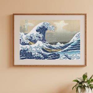The Great Wave off Kanagawa cross stitch kit, Hokusai artwork x-stitch pattern, Japanese ocean needlepoint kit