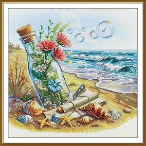 Sea Treasures Cross Stitch Kit, Coastal Still Life, Bottle with Flowers, Beach Shells Needlepoint Pattern