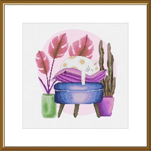 Napping cat cross stitch kit, cute white kitten in plants x-stitch pattern, fairy tale animal needlepoint kit