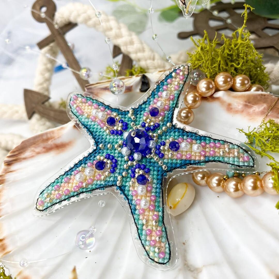 Starfish Cross Stitch Kit With Beads and Pearls, Ocean Embroidery