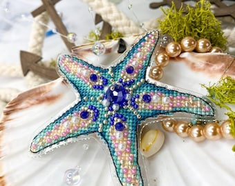 Borduurpakket zeester met kralen en parels, oceaanborduurpakket voor kustdecor, nautisch borduurpatroon