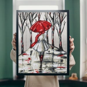 Girl with red umbrella cross stitch kit, woman silhouette in rainy day x-stitch pattern, adults craft kit