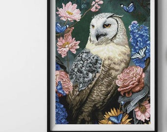 Owl in flowers cross stitch kit, night wizard bird x-stitch pattern, forest animal needlepoint kit