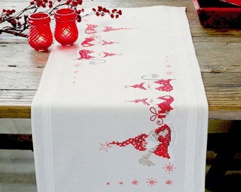 Christmas gnomes table runner cross stitch kit, rustic Xmas decor needlepoint kit, christmas kitchen decor DIY pattern,Santa's elves xstitch