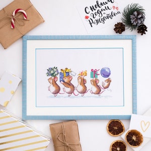 Happy little mice cross stitch kit, small animals with gifts design, birthday mouse x-stitch