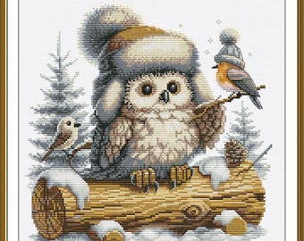 Kit de punto de cruz de búho y petirrojo invernal, lindo pájaro nocturno en un bosque de pinos, patrón de punto X de gorrión, kit de bordado de animales del bosque
