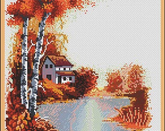 クロスステッチキット 秋、秋の風景、DIY 秋のコテージ、木の刺繍