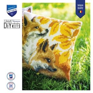Kit de punto de cruz para cojín de zorros, kit de manualidades DIY con animales salvajes, funda de cojín con animales adorables, cojín cosido a mano de Vervaco, kit de bordado otoñal.